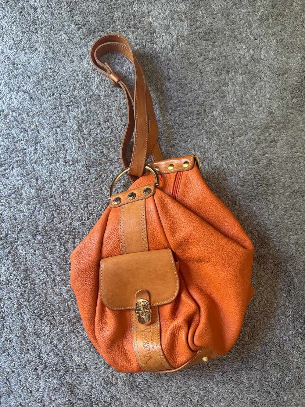Valentina Orange Leather convertible Shoulder Bag with Brown Trim